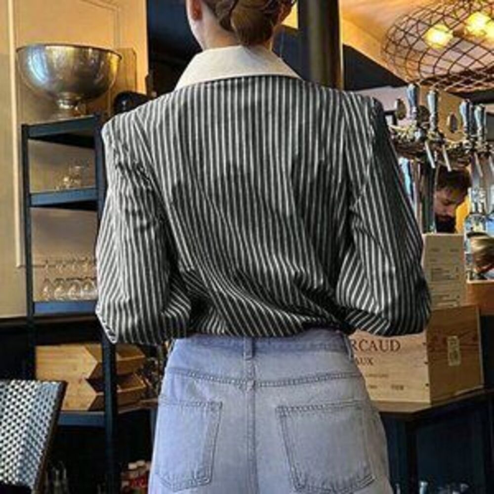 Black Casual Women's Button Down Long Sleeve Loose Fit Striped Blouse - Picture 3 of 4